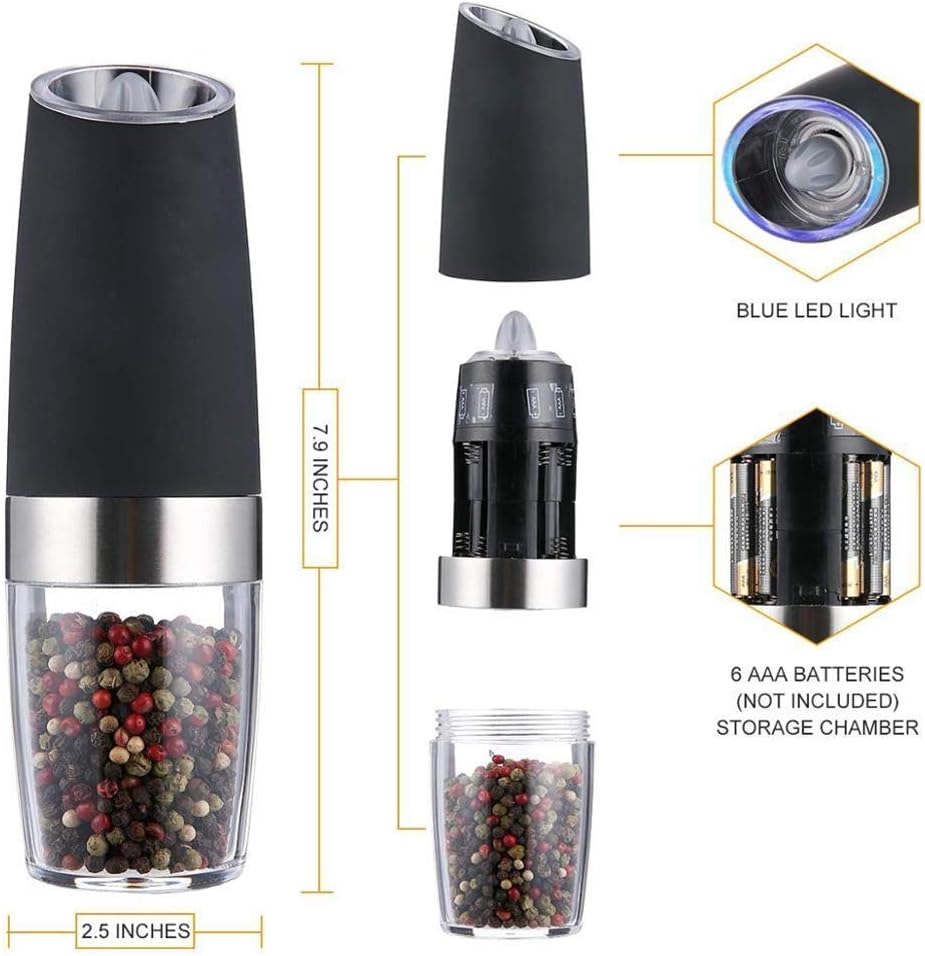 Electric Salt Pepper Grinder Mill Set with Adjustable Coarseness, Blue Led Light, One Hand Operated Suitable for Home Kitchen.