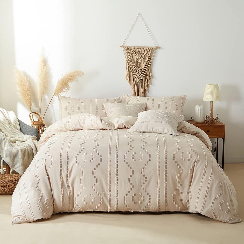 Boho Bedding Duvet Cover Sets 5 Piece Tufted Comforter Cover Set Shabby Chic Soft Breathable for All Seasons (King/California King, Beige)
