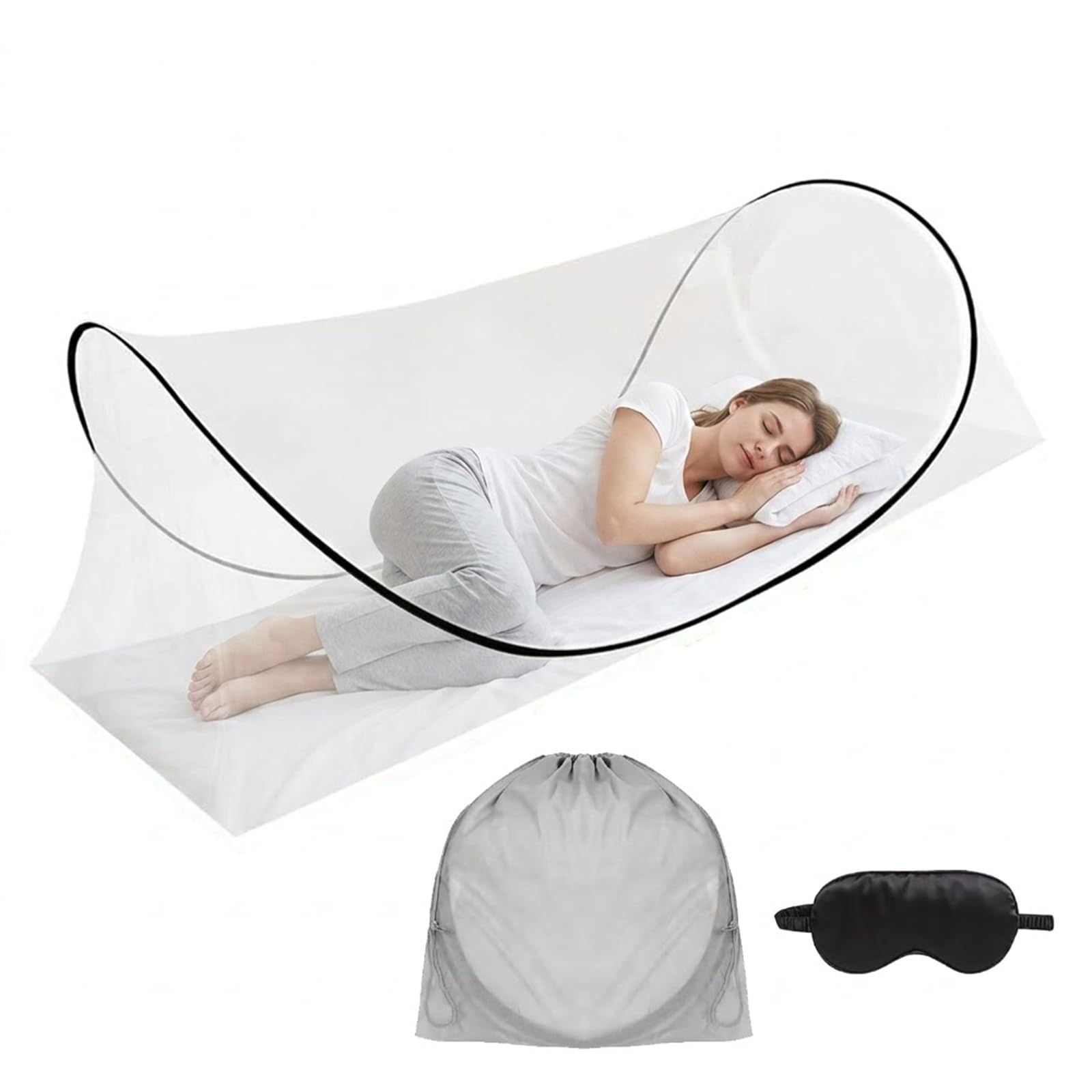 Moustiquaire Pliable, Moustiquaire Lit avec Masque Sommeil, Installation Facile et Rapide, Tente Moustique Portable pour Camping, Voyages, Aventures en Plein Air et l'Utilisation Domicile