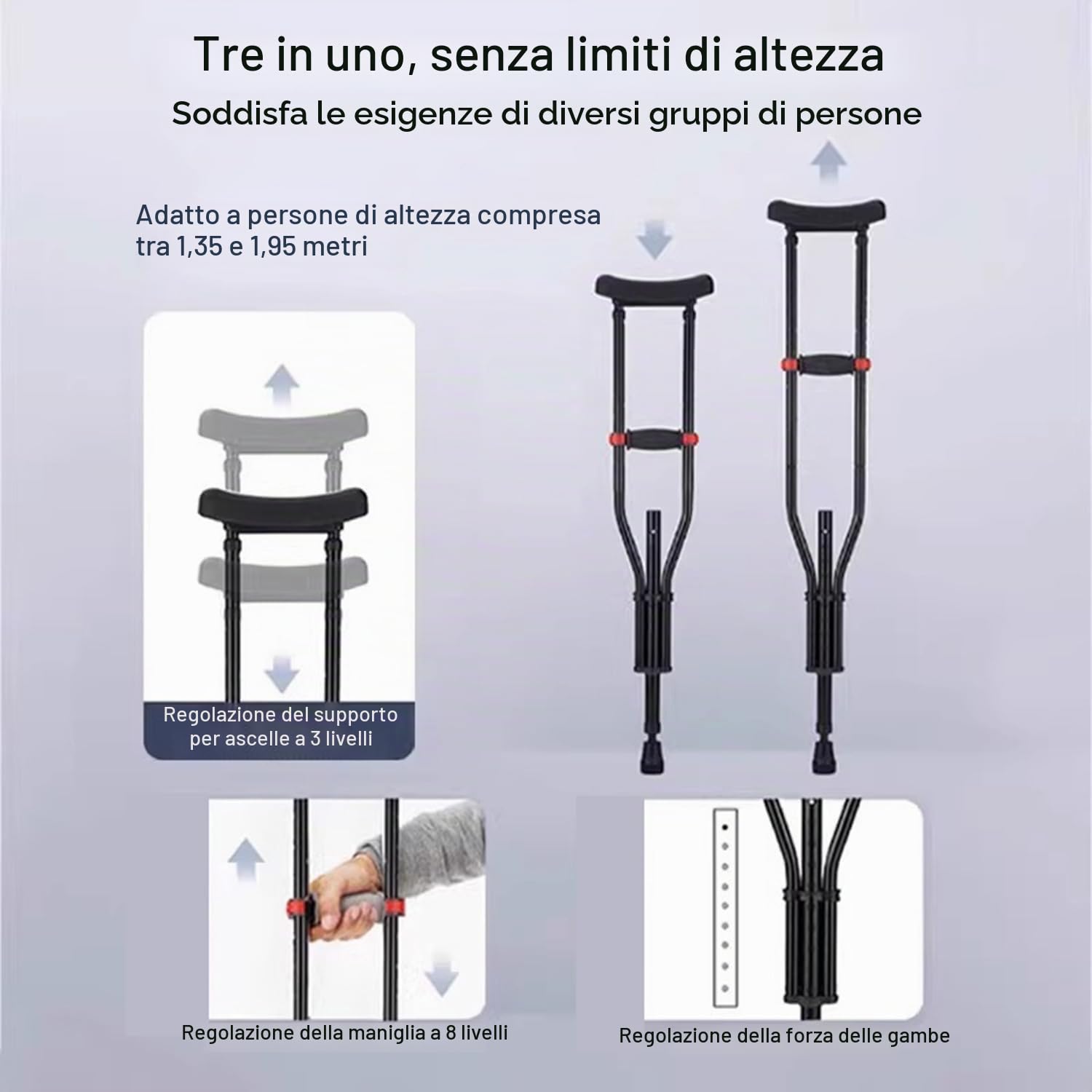 Stampelle Ascellari Pieghevole,Sottobraccio Stampelle,Bastone Universale In Alluminio,Con Imbottitura Morbida,Regolabile Da 98 a 158 Cm,Ausiliario Per Persone Con Difficoltà Motorie(Coppia,Nero)