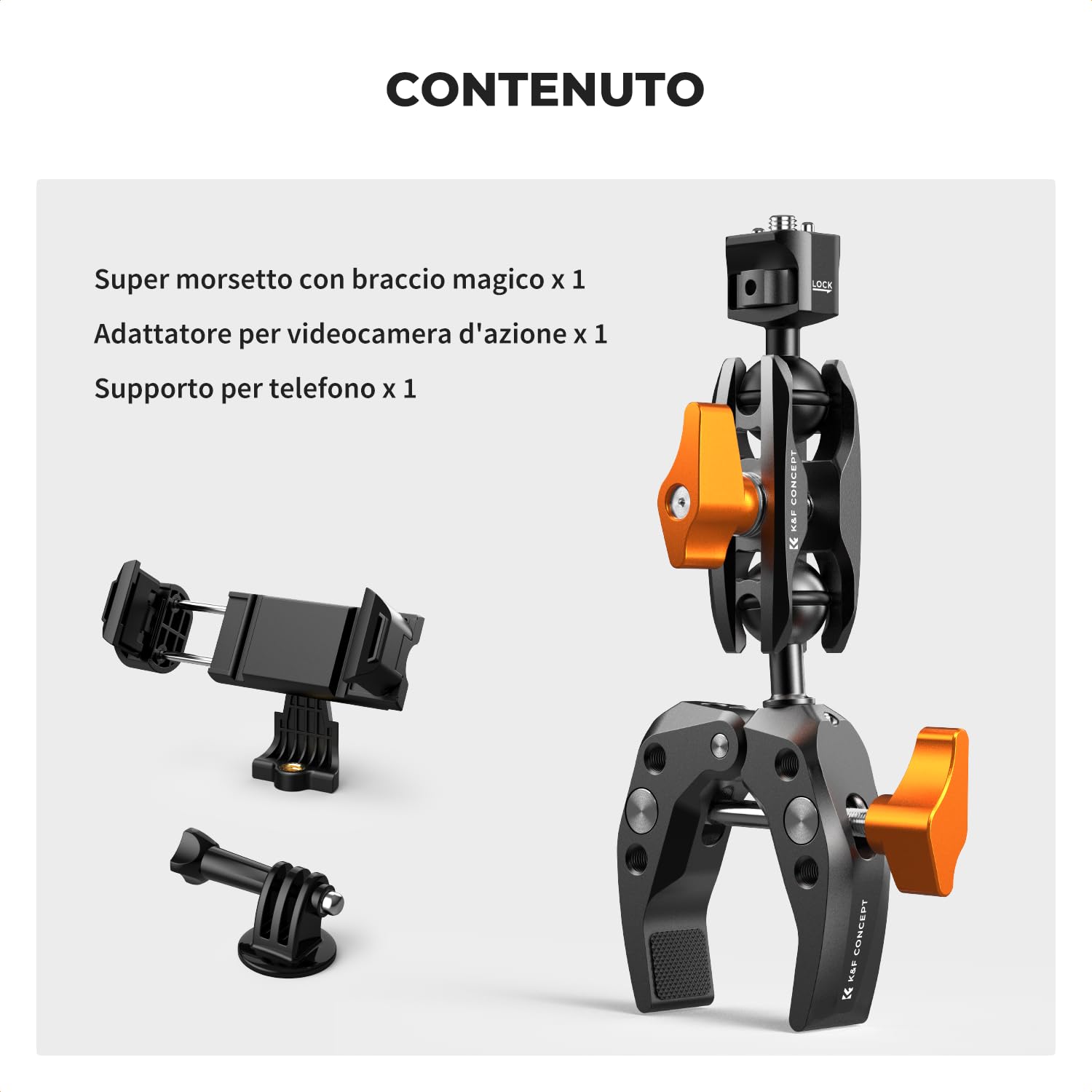 K&F CONCEPT Braccio Magico con Super Clamp, Super morsetto con braccio a sfera a 360°, supporto per Fotocamera, Smartphone, Action Camera, Flash, DSLR, Stabilizzator- MS13