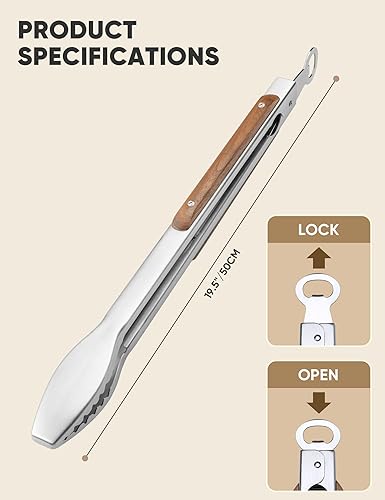 Miniatura 4 de Pinzas para parrilla con mango de madera, pinzas de barbacoa extra largas de 19.5 pulgadas, pinzas de metal de acero inoxidable de alta calidad
