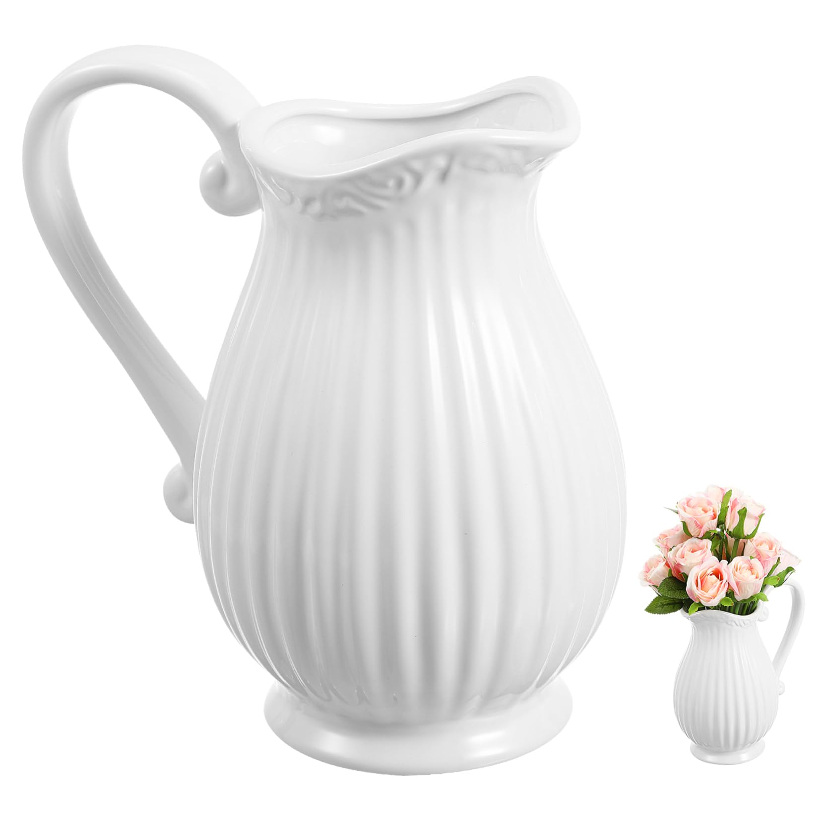 SOLUSTRE 1Pc Ribbed Ceramic Pitcher Vase Decorative Porcelain Flower Container for Home for Dried Flowers Stylish Centerpiece for Living Dining Table