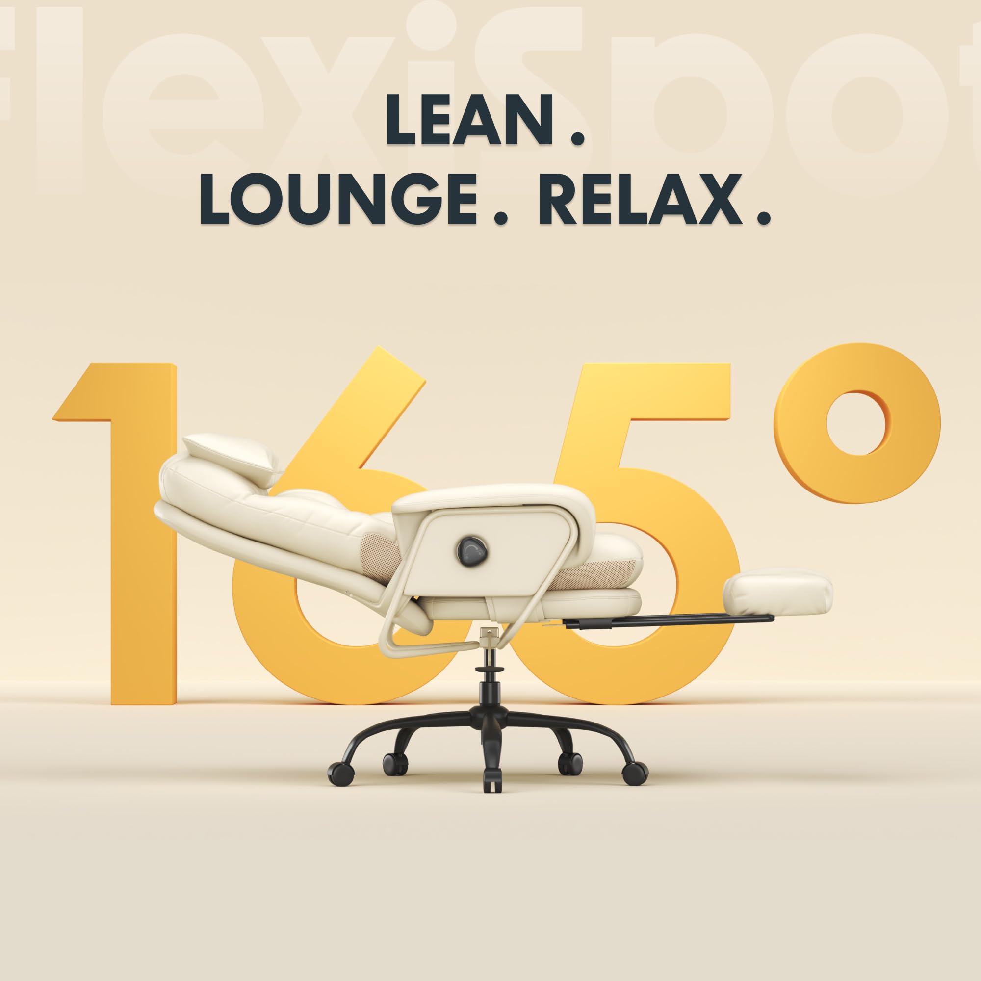 FLEXISPOT Luno 2-in-1 Chefsessel Bürostuhl mit Fußstütze & Lendenstütze, 90–165° verstellbar, für Büro, Wohnzimmer zum Arbeiten und Entspannen, kratzfestes & wasserabweisendes Kunstleder, Beige