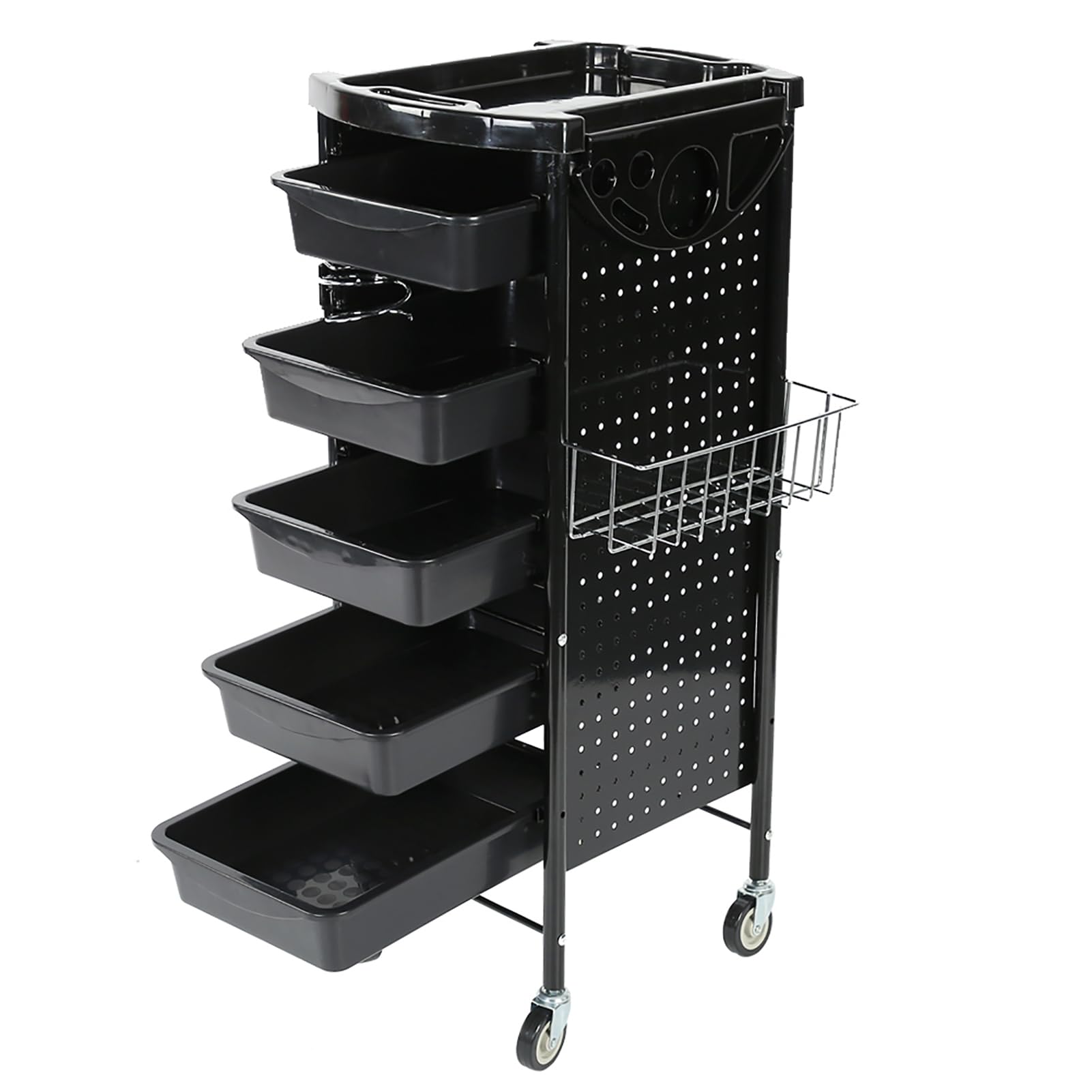 Friseurwagen Rollwagen mit 5 Schubladen, Friseurzubehör, Bedienungswagen, Schwarz, Eisen, 53 x 44 x 95 cm