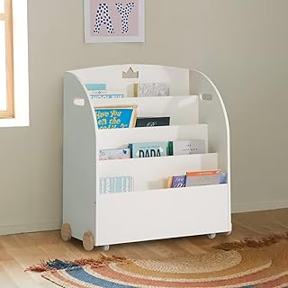 Kid Bookshelf with Wheels, White Wood Bookshelf Display Stand for kids 1 Year Up, Baby Book Shelf/Child Bookshelf/Toddler Bookshelf/Kid Book Display/Book Shelf Case Organizer kid wooden