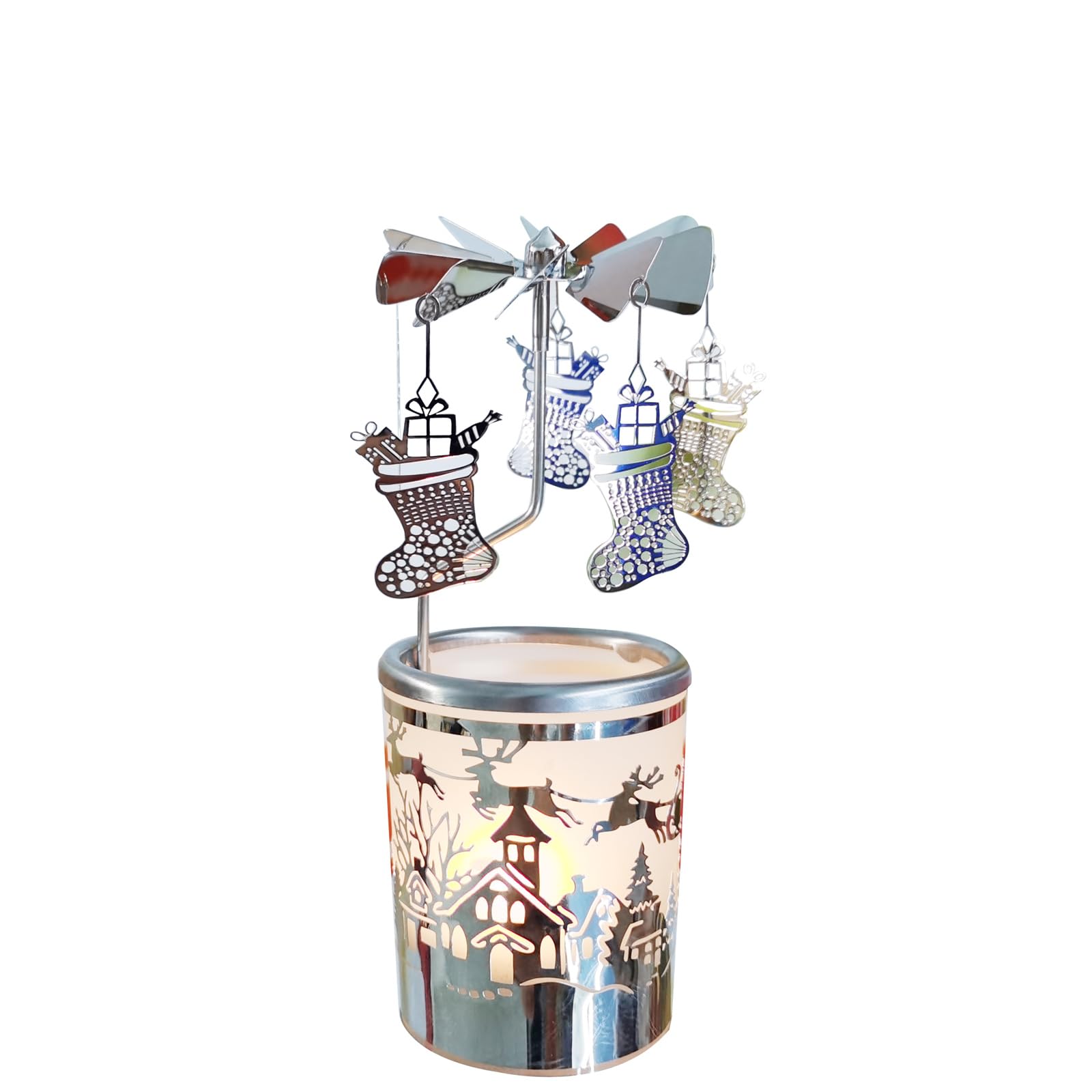 Qtnuerm Rotating Angel Tea Light Holder, 6.1 inch Metal Candle Carousel, Christmas and Holiday Decorative Candle Holder (Christmas Stocking)