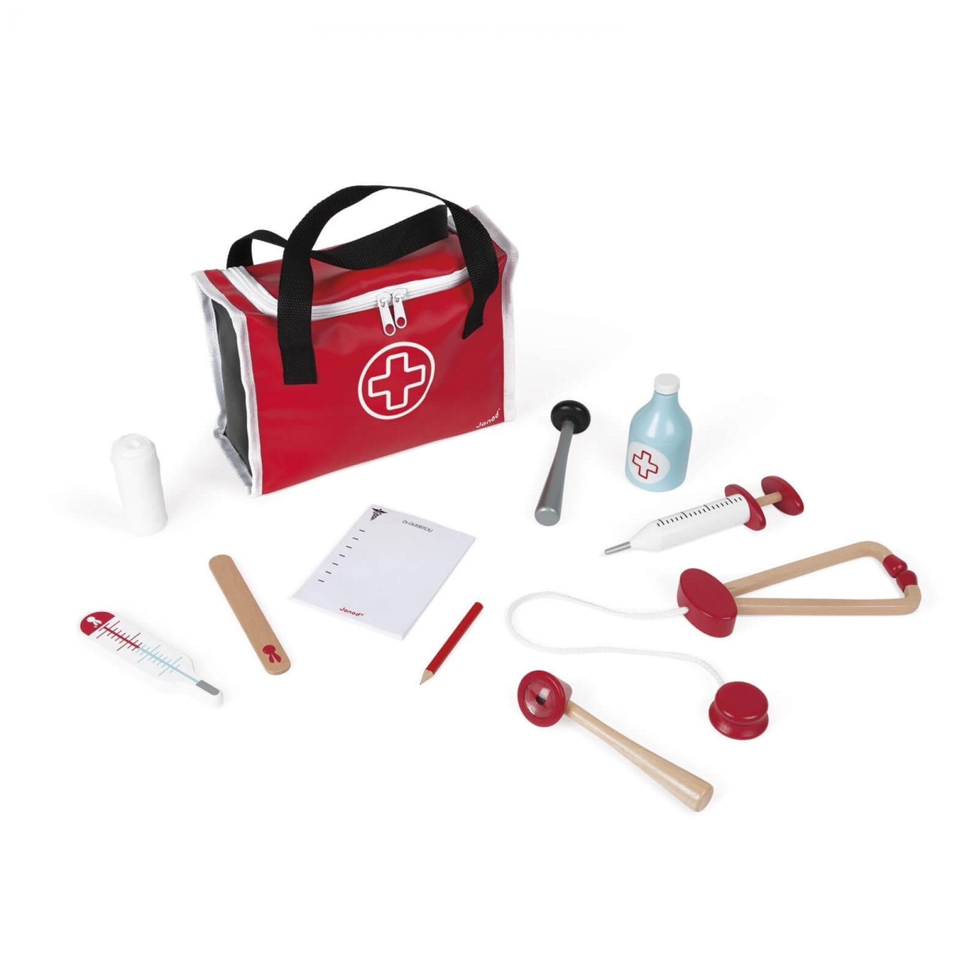 Janod - Malette de Docteur Enfant - 10 Accessoires en Bois Massif Inclus - Jouet d'Imitation - Dès 3 Ans, J06513, Rouge