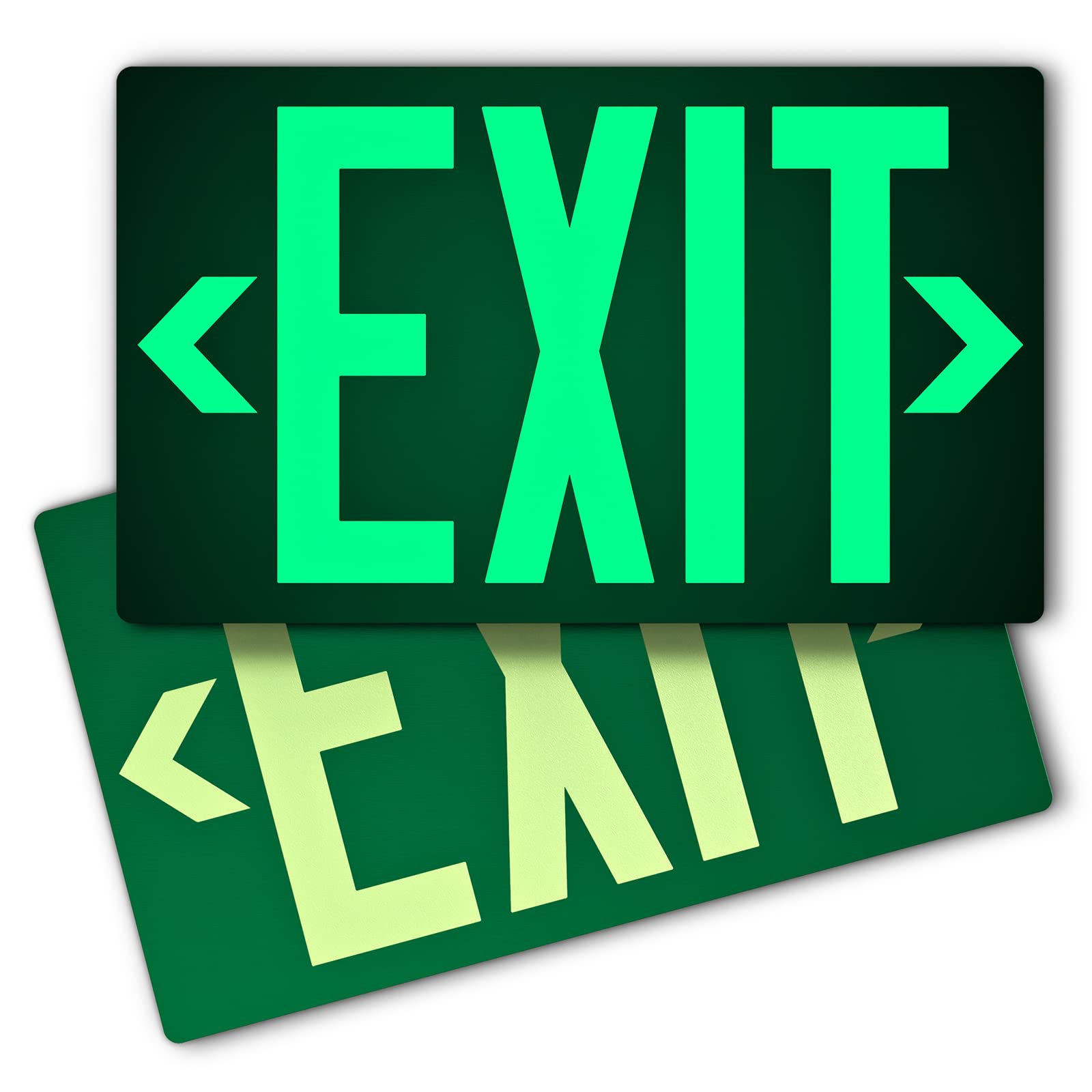 Photoluminescent Exit Sign Aluminum - Adhesive Backing Glow In The Dark - Removable Arrows Included - 12x7 Inches - Non Electrical Green Exit Light For 50 Feet Visibility (2 Pack)