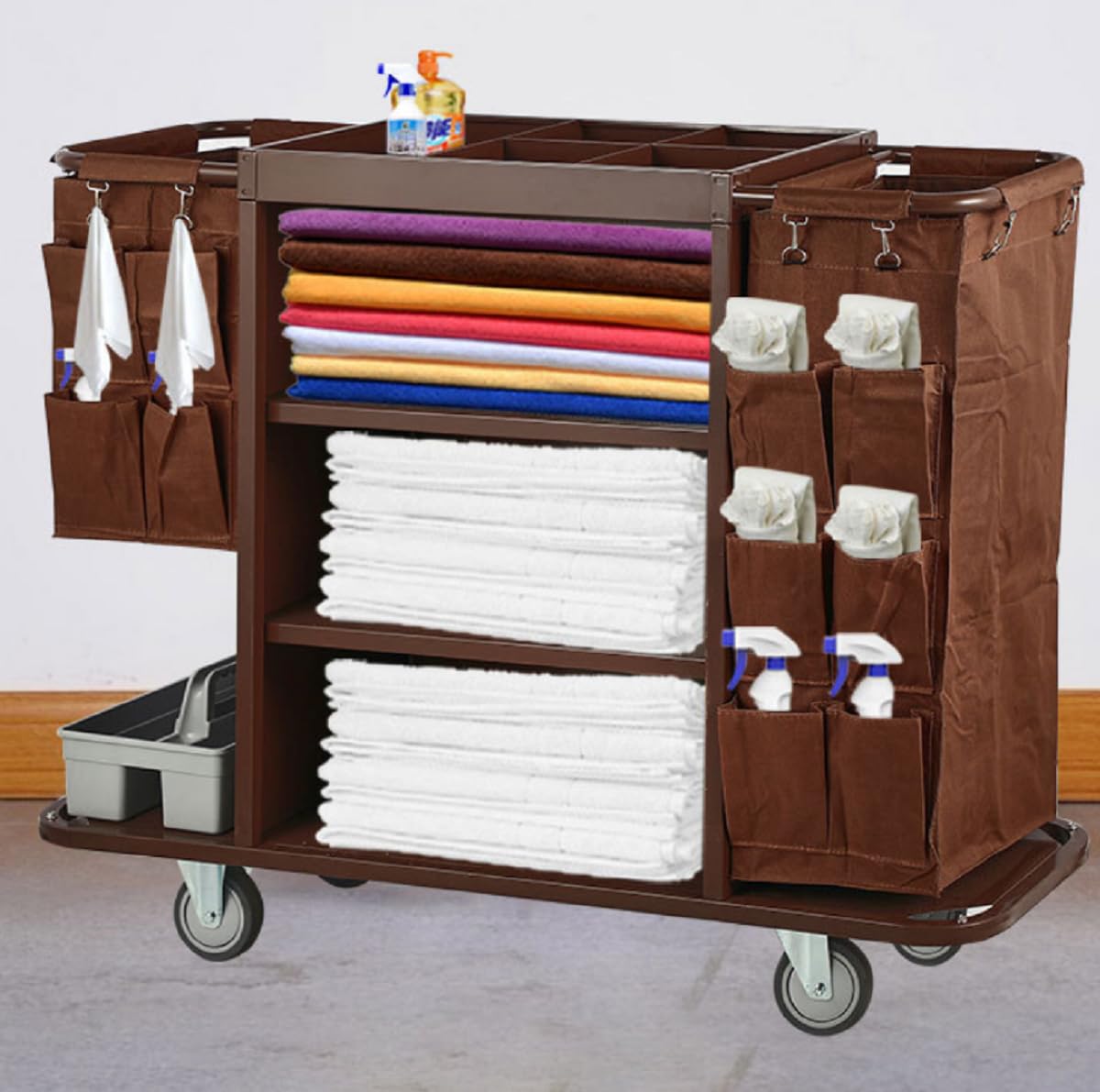 Multifunktionale Housekeeping Caddy, kompakte Service Trolley, Hotel Reinigungswagen mit abnehmbaren Leinwand Taschen & Schließräder,H Style