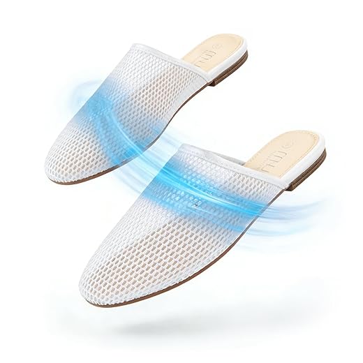 MUSSHOE Comfortable Mesh Women’s Mules: Breathable Fishnet Flats with Soft Cushion - Slip On Summer Walking Shoes for Wide Feet & Office