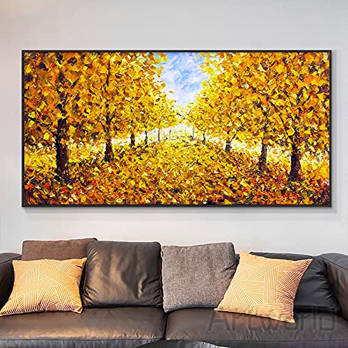 Otoño Árbol amarillo Hojas Pinturas en lienzo Paisaje abstracto Arte de la pared Póster e impresiones Imagen Sala de estar Decoración para el hogar 60x120 cm Sin marco Cover