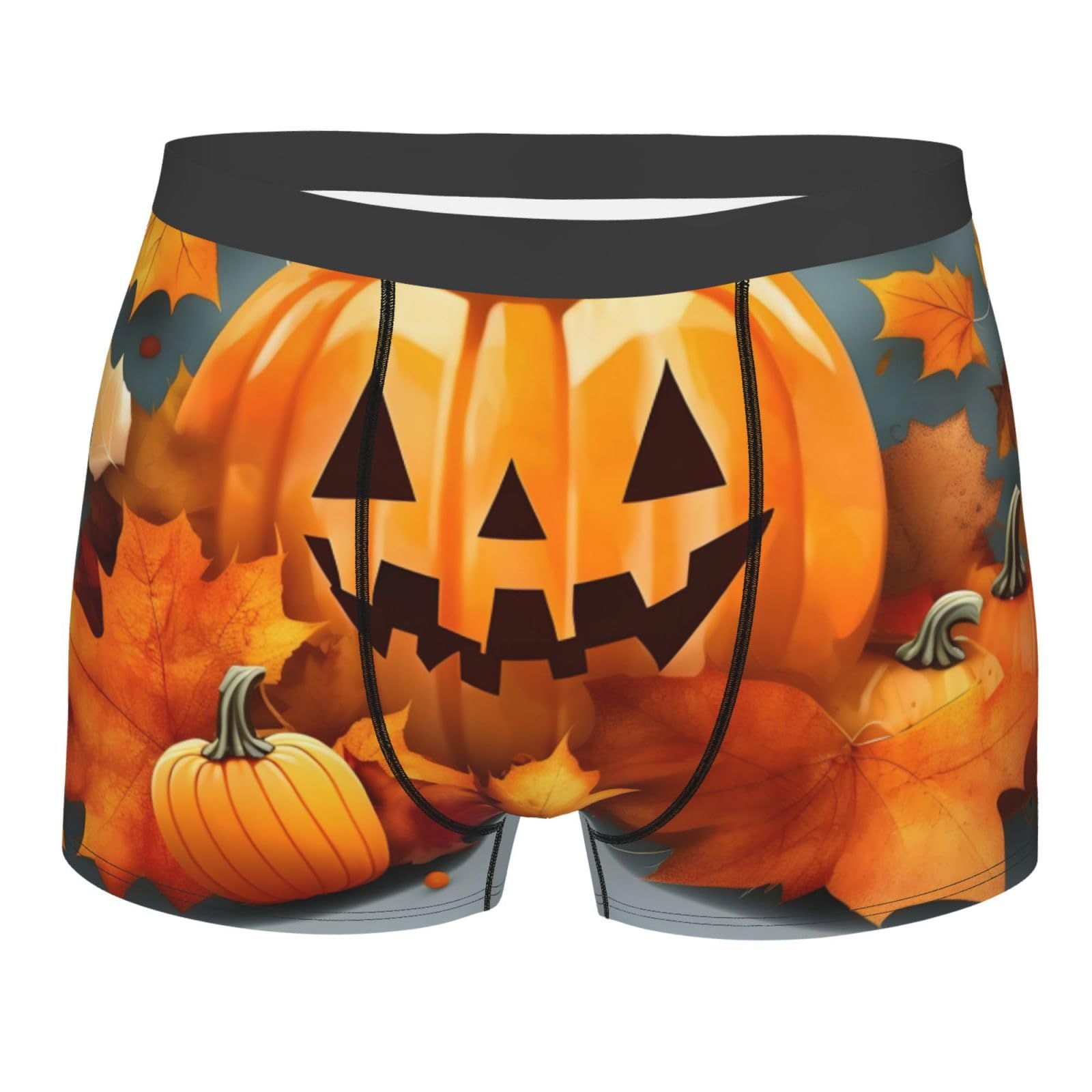 Levndiej Men's Black Autumn Leaves Thanksgiving Day Pumpkin Print Boxer Briefs,Moisture Wicking Breathable Underwear Flex Waistband, S