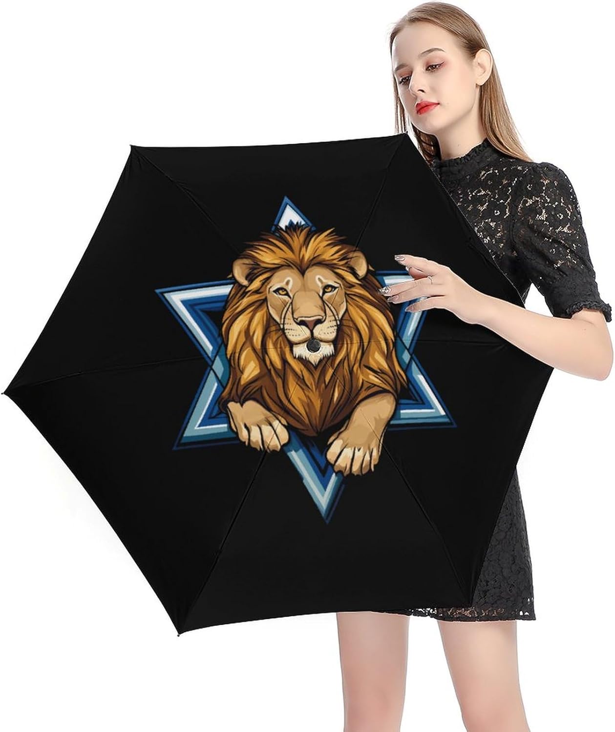 Jewish Israel Lion Travel Umbrella Windproof 5 Folding Compact Umbrella for Rain