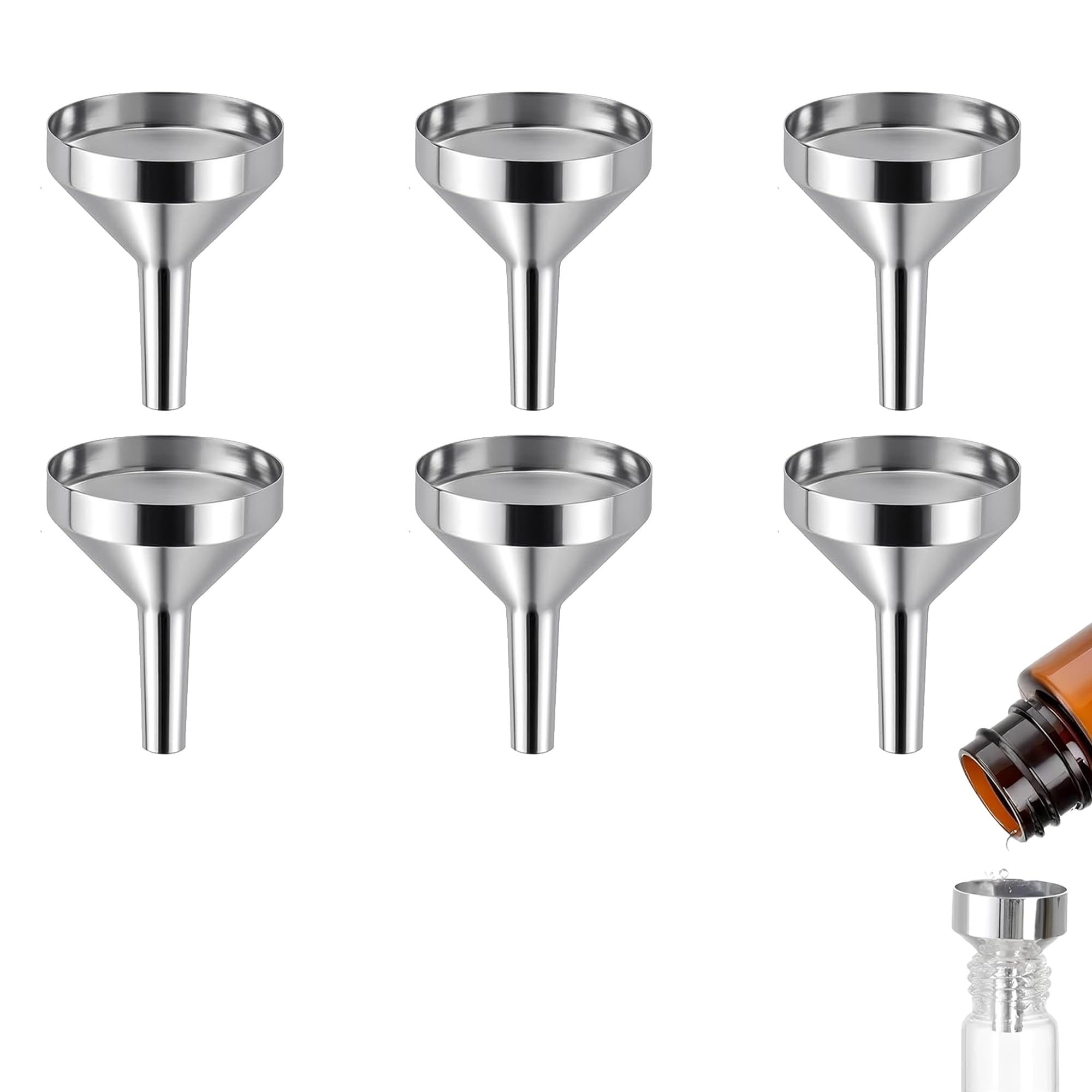 6pcs Small Funnels for Filling Bottles - Silver Aluminium Mini Funnel Set for Essential Oils, Perfume, Spices & Flasks - Lightweight & Durable Metal Liquid Transfer Tool for Kitchen & Crafts