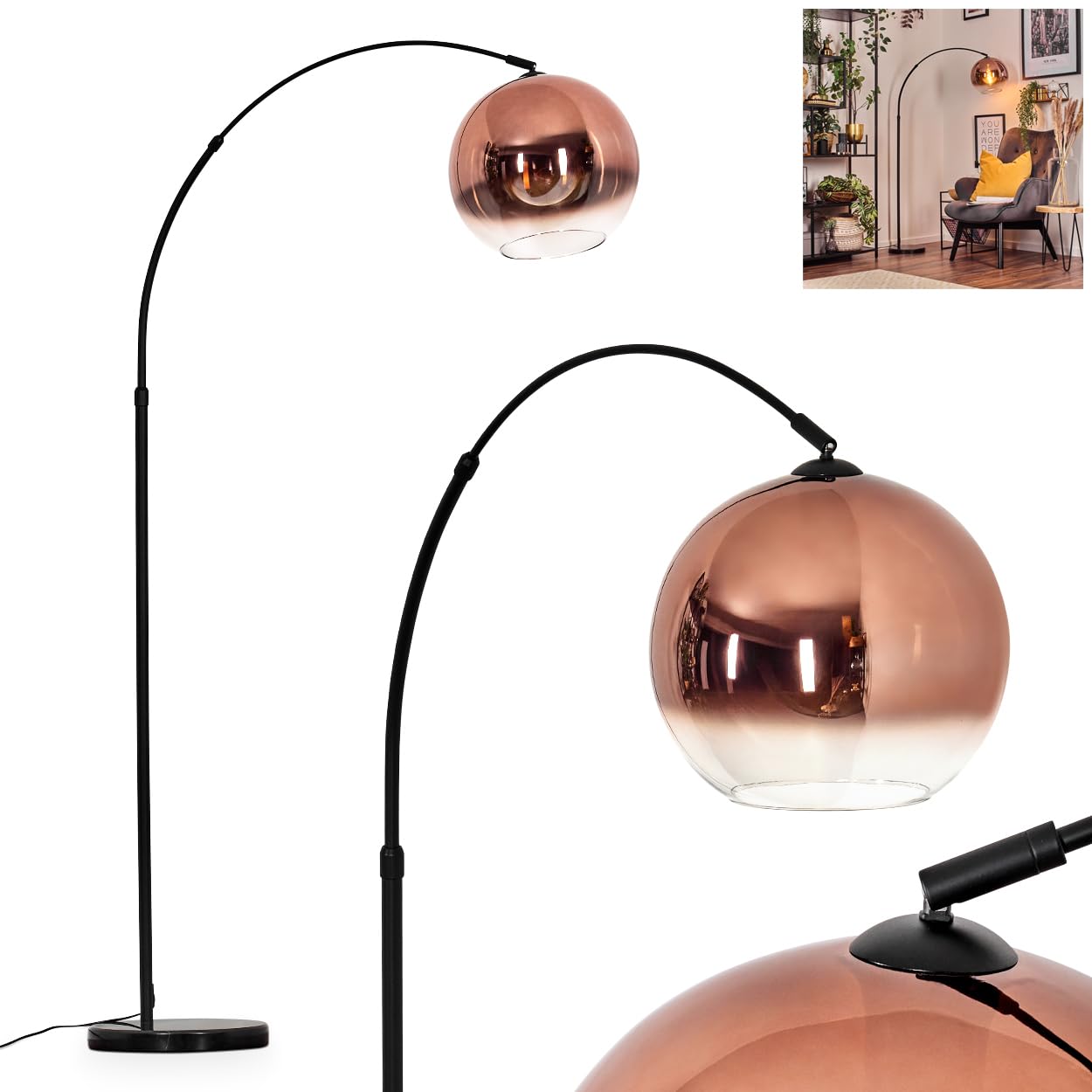 Lámpara de pie HOFSTEIN Koyoto, de metal/cristal en negro/cobre/claro con base de mármol, lámpara ajustable de diseño retro (pantalla de Ø 30 cm), interruptor de pie, E27, salón, dormitorio, pasillo