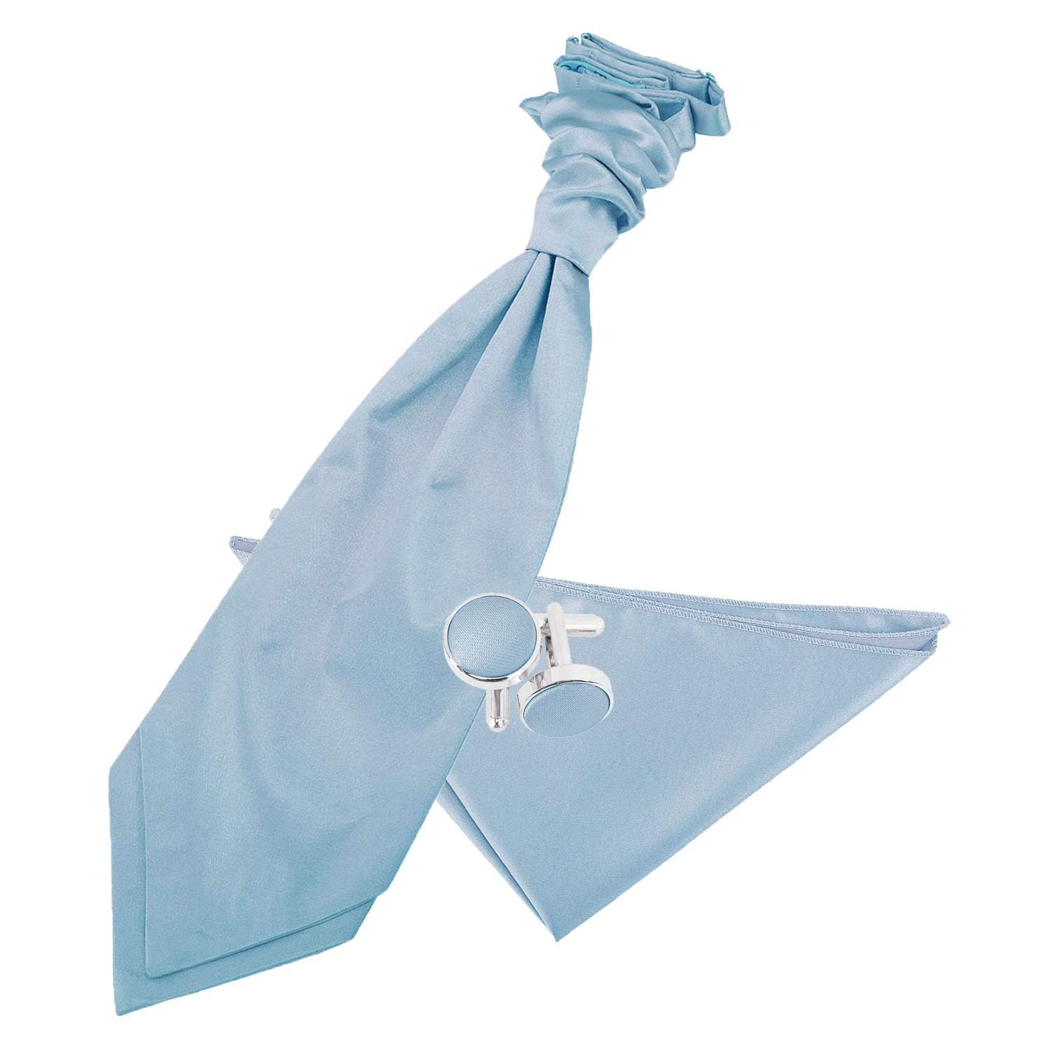 DQT Mens Plain Satin Cravat Ascot Tie & Pocket Square Set with Cufflinks – Wedding Business & Formal - Dusty Blue (Pre-Tied)