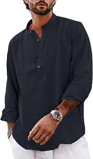 Mens Linen Henley Shirt Grandad Collar Shirts for Men Casual Men Shirt Yoga Linen Tops