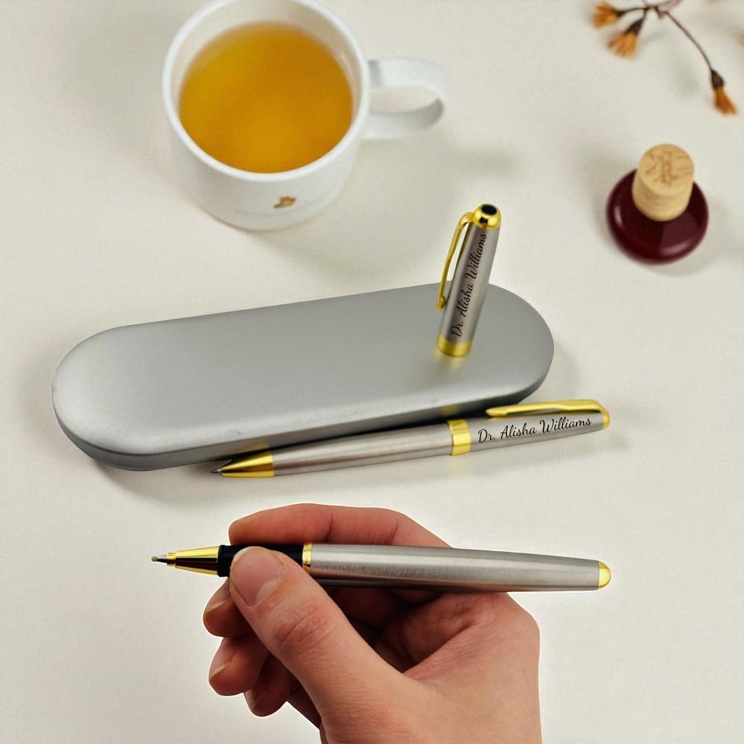 Engraved Pen Gift Set – Personalized Durable Ballpoint & Rollerball Pens – Custom Stainless Steel Desk Essentials in Tin Case – Gift for Promotion, Graduation, Office (Chrome Set)