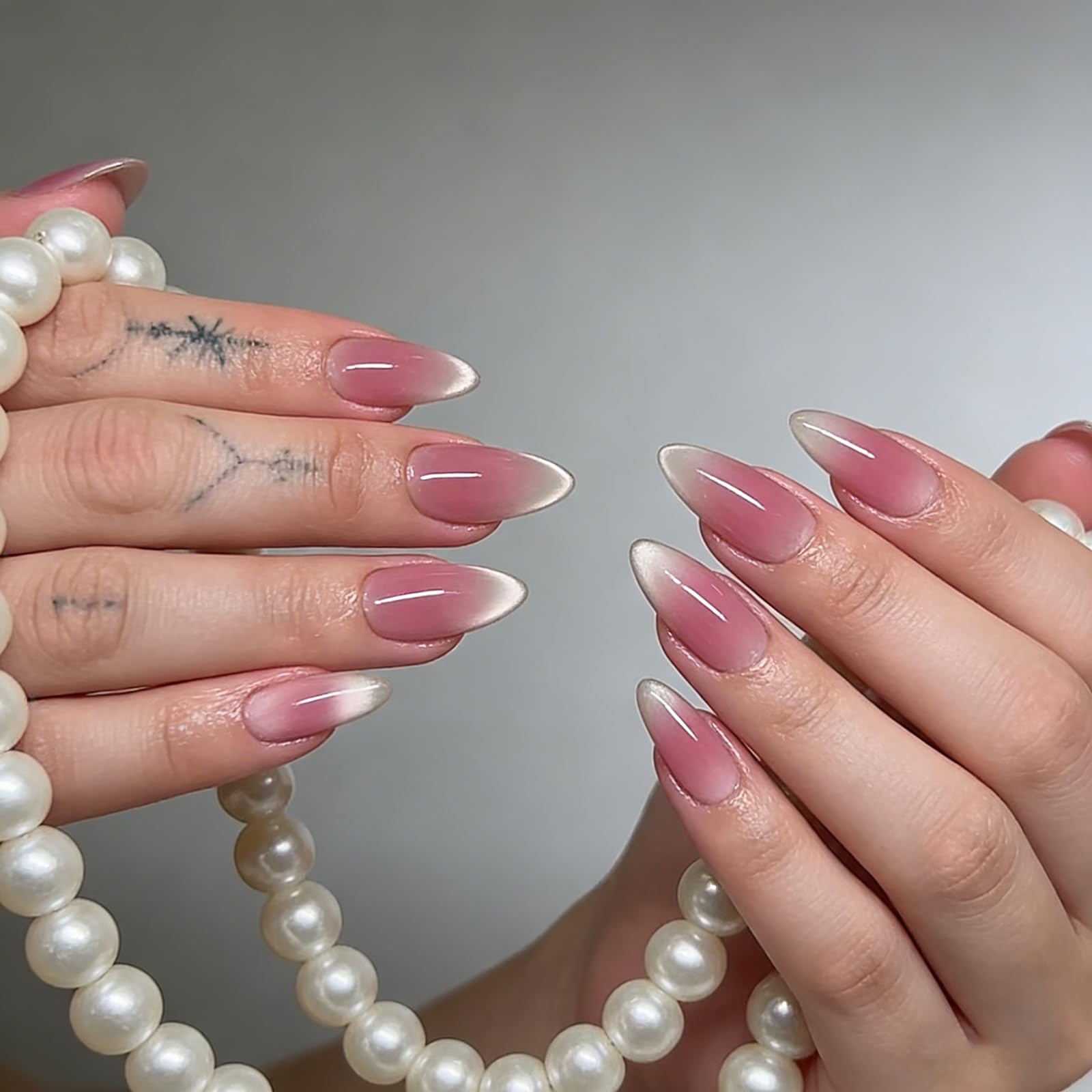 Cat Eye Ombre Pink Press on Nails Almond Shape, French Tip False Nails Medium Stiletto, Glitter Blush Pink Fake Nails Press ons, Bling Sparkle, Reusable Gel Stick on Nail for Women, 30 Pcs-image-30
