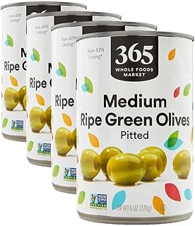 365 by Whole Foods Market, Ripe Green Pitted Olives, 6 Ounce (Pack of 4)