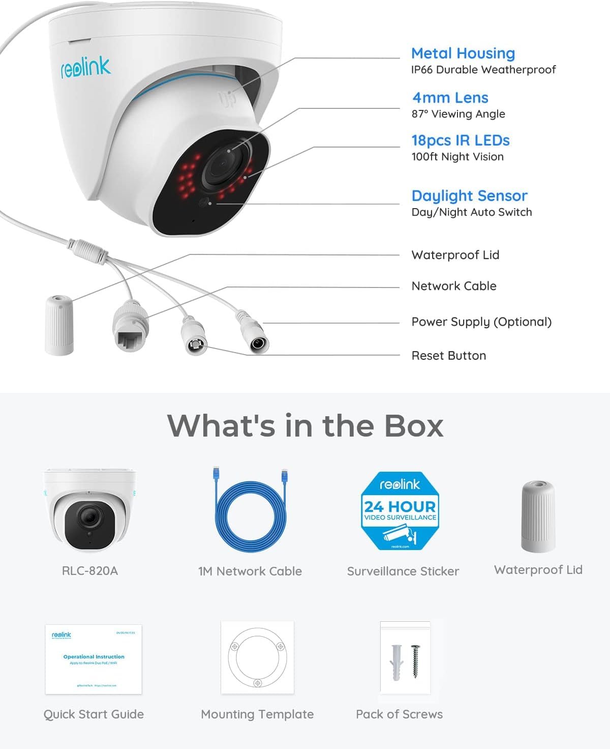 Reolink 4K Smarte IP Kamera Outdoor mit Personen-/Autoerkennung, 8MP PoE Überwachungskamera Aussen mit IP67 Wasserfest, 30m IR Nachtsicht, Audio, microSD Kartensteckplatz, Zeitraffer, RLC-820A