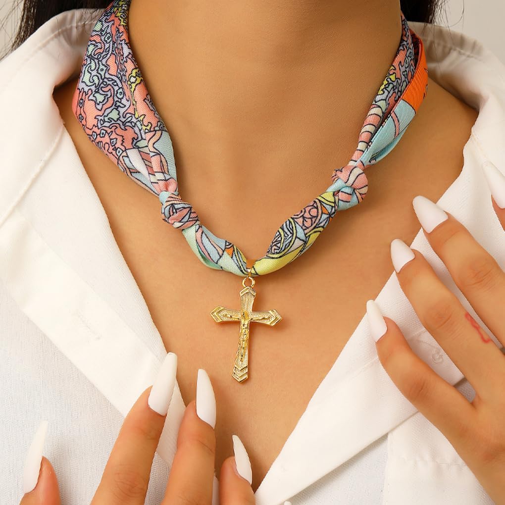 Gold Cross Scarf Necklace for Women,Chunky Gothic Cross Pendant Bandana Necklace Trendy Unique Jewelry - Image 2