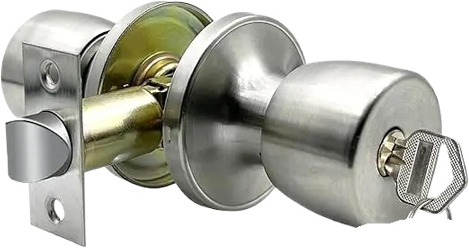 Satin Door Knob with Lock and Key Round Ball Lock Interior/Exterior Door Knob for Bedroom Or Bathroom (1 Pack)