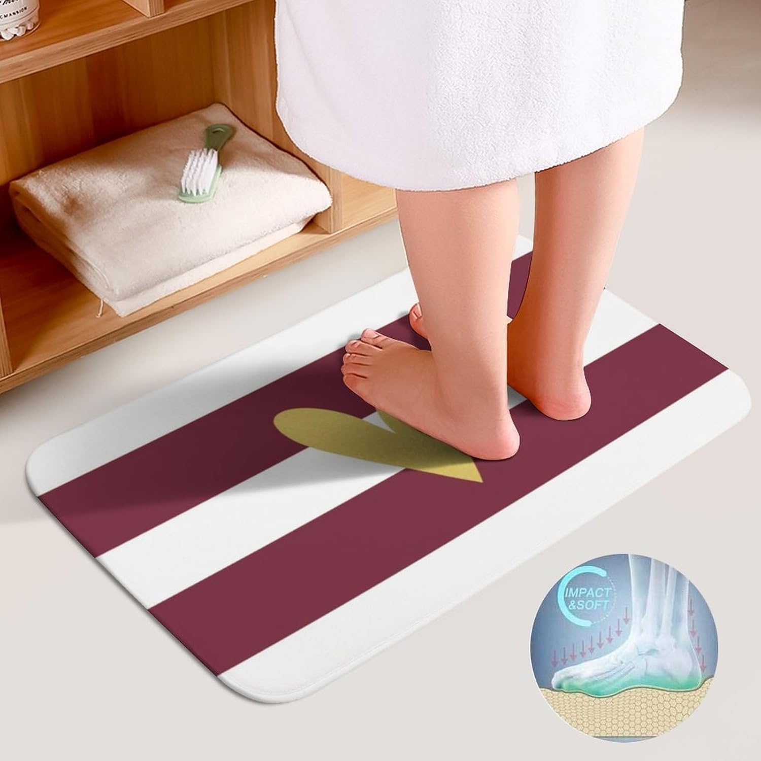 Bathroom Rugs Set 3 Piece Gold Heart Burgundy Bath Rug Mat Set, Non Slip Absorbent Bathroom Decor Mat, Toilet Lid Cover & U Shaped Contour Rug