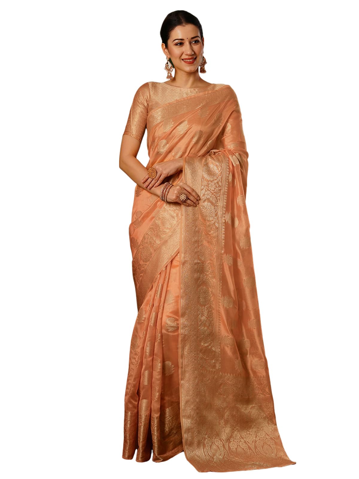 Satrani Women's Banarasi Jacquard Kanjivaram Silk Blend Saree With Unstitched Blouse Piece (3747S454N_Light Orange)