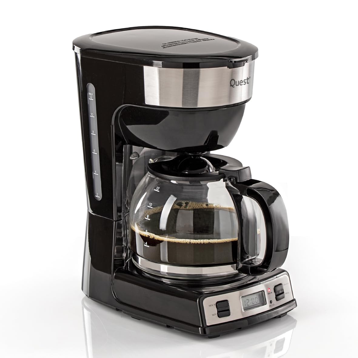 Quest Digital Filter Coffee Machine, 1.5L (12 Cups) - Programmable Timer, 40 Min Keep-Warm, Reusable Nylon Filter, Anti-Drip, 900W, Black (35210)