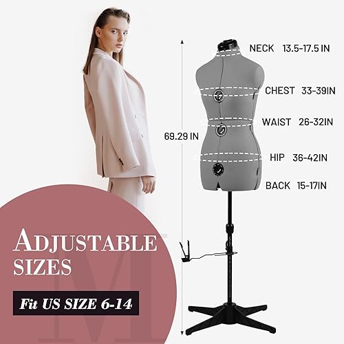 Miniatura 3 de MNOXBCCO Formas de vestido para costura, maniquí femenino gris ajustable talla 6-14, cuerpo de modelo que se puede sujetar con alfileres con 13