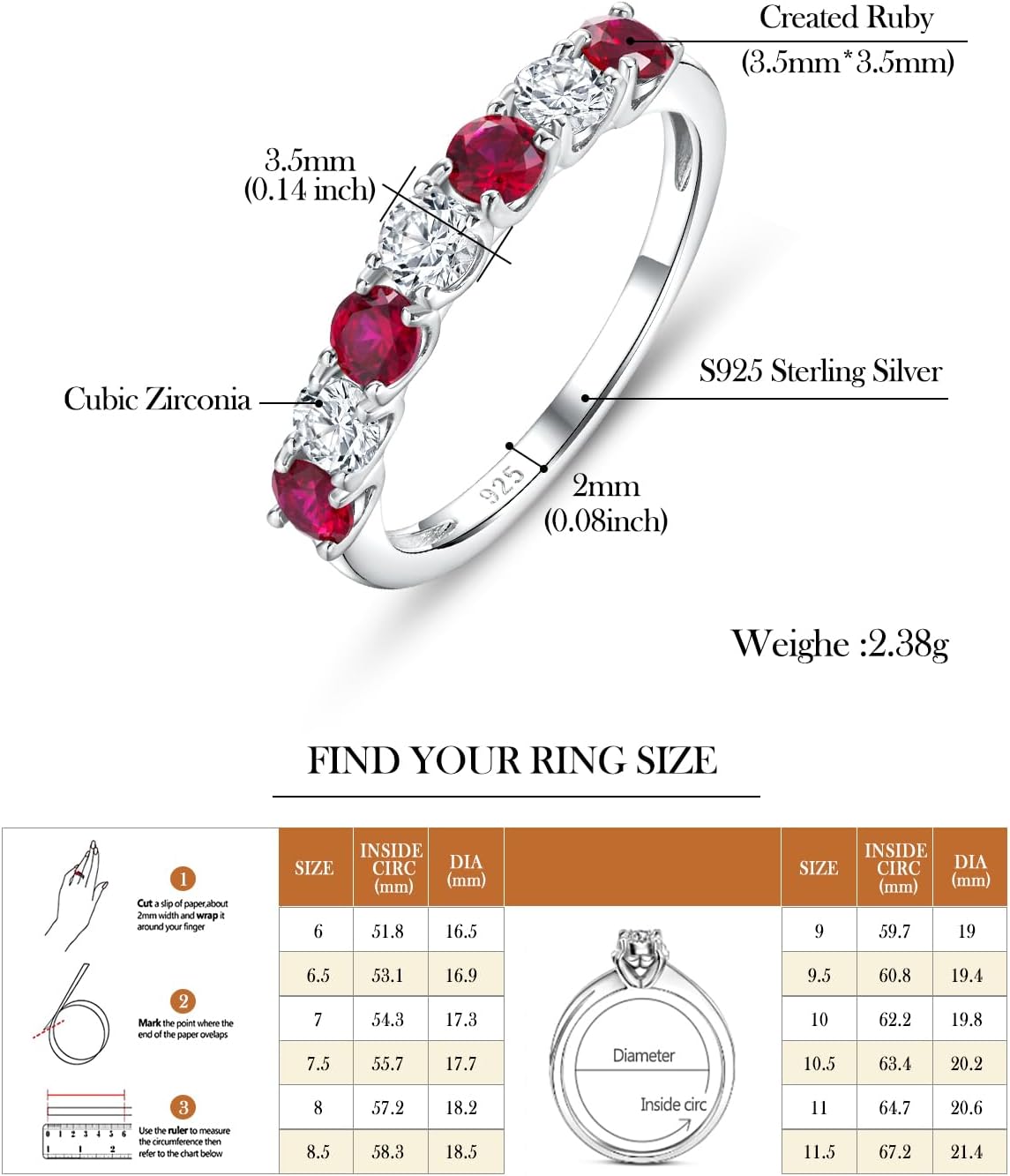 AIBAO Amethyst/Emerald/Ruby/Sapphire Half Eternity Band Rings for Women Sterling Silver Birthstone Stackable Rings Size 6 to 10 Anniversrty Valentines Mother's Day Jewelry Gift with Box - Image 6