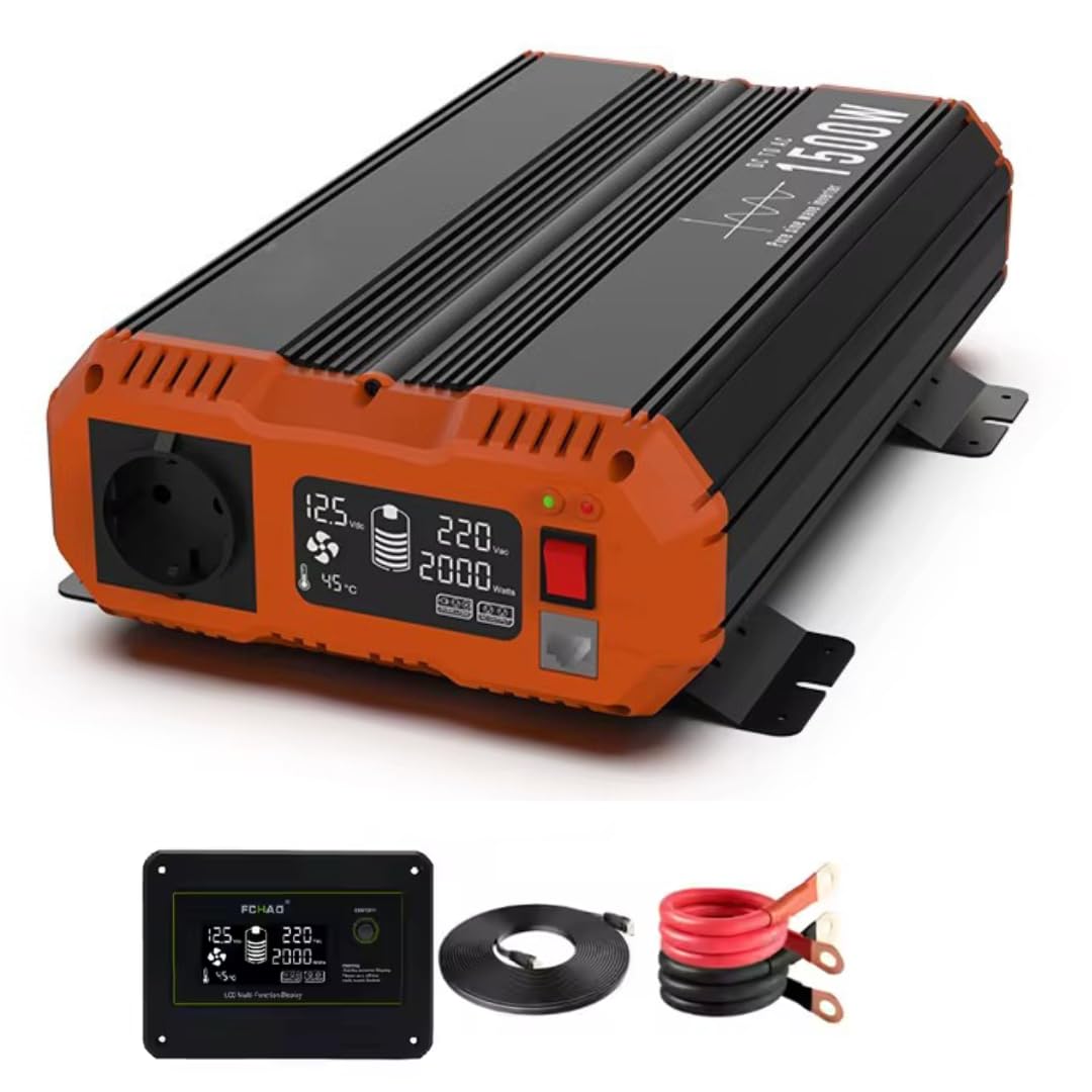 Przetwornica 12V na 230V | Czysta sinusoida |1600W-2500W| Inwerter samochodowy z gniazdem EU i wyświetlaczem LCD | Do ciężarówek, kamperów, domu | Pilot zdalnego sterowania (kabel 3M) (PSC1500W-12V)