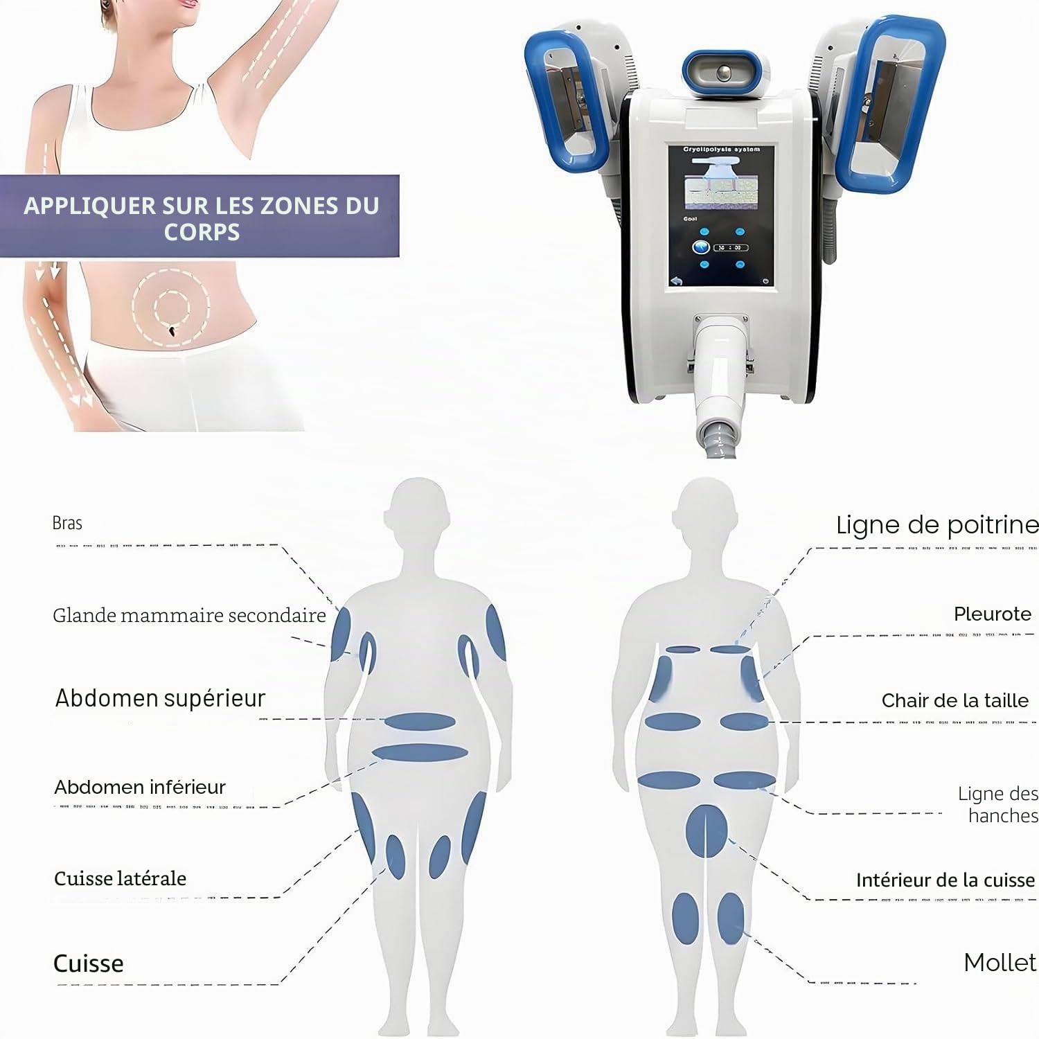 Appareil de cryolipolyse pour l'élimination des Graisses par Le Froid, avec 3 poignées, Appareil de beauté et d'amincissement.
