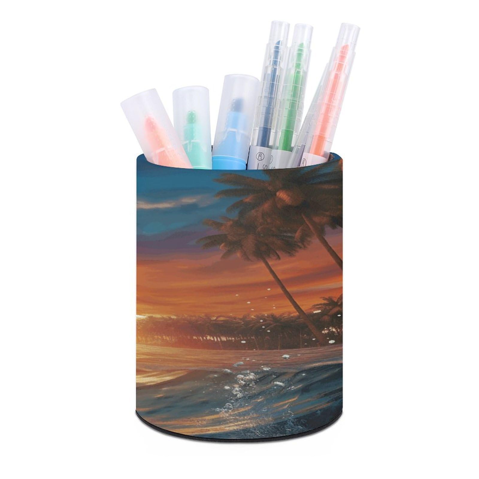 FekiLoot PU Leather Round Pen Holder Dolphins And Palm Trees Pencil Holder Desk Organizer Pen Organizer Pen Cup Pencil Cup Caddy Desktop Stationery Organizers for Office Home Supplies