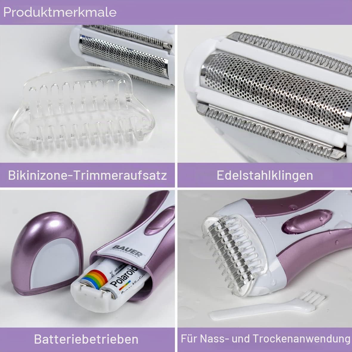 Bauer Soft & Smooth Damenrasierer – Elektrischer Nass- & Trockenrasierer für Beine, Achseln & Bikinizone, 2×AA Batterien, Edelstahlklingen, Violett - 38730
