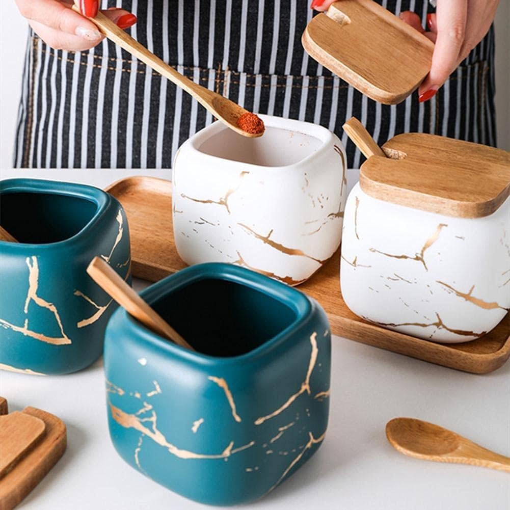 Set 2 Barattoli Spezie In Ceramica Con Coperchio Bambù E Cucchiaio – Contenitore 360 Ml, Motivo Marmo, Per Cucina