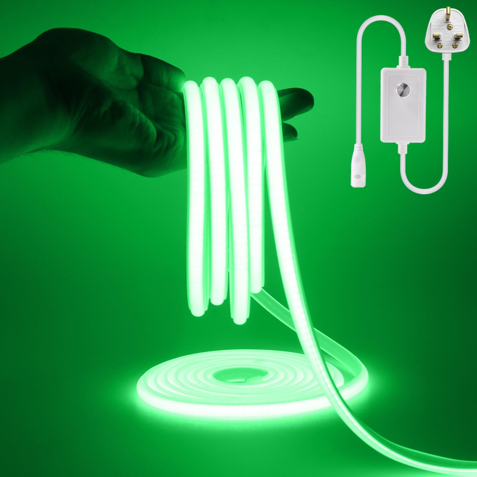 KAFULA 220V dimmable COB LED Light Strip, IP65 Waterproof Flexible, 288 LEDs/m Super Bright FCOB LED neon Light CRI90+, can be Cut Every 50 cm, Home Decoration [14m, Green Light]