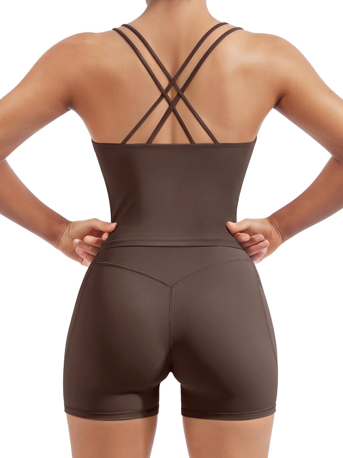 SUUKSESS Women 2 Piece Workout Sets Built in Bra Open Back Tank Tops High Waisted Biker Shorts with Pockets