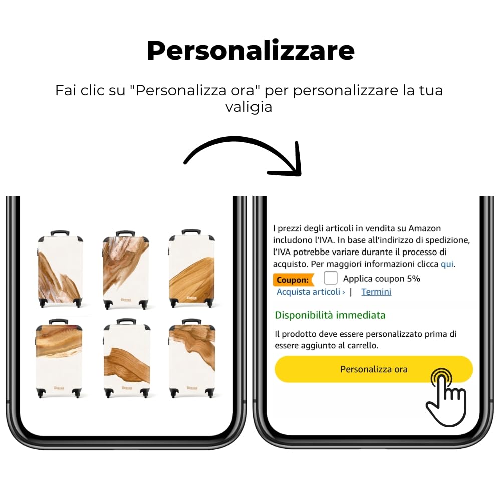 NoBoringSuitcases.com® Trolley Bagaglio a Mano 55x40x20, Bagaglio da 10 kg con Ruote, Valigia Rigida Leggera, Trolley Cabina con Paillette Dorate, Disponibile in 6 Design, Valigia per Aereo