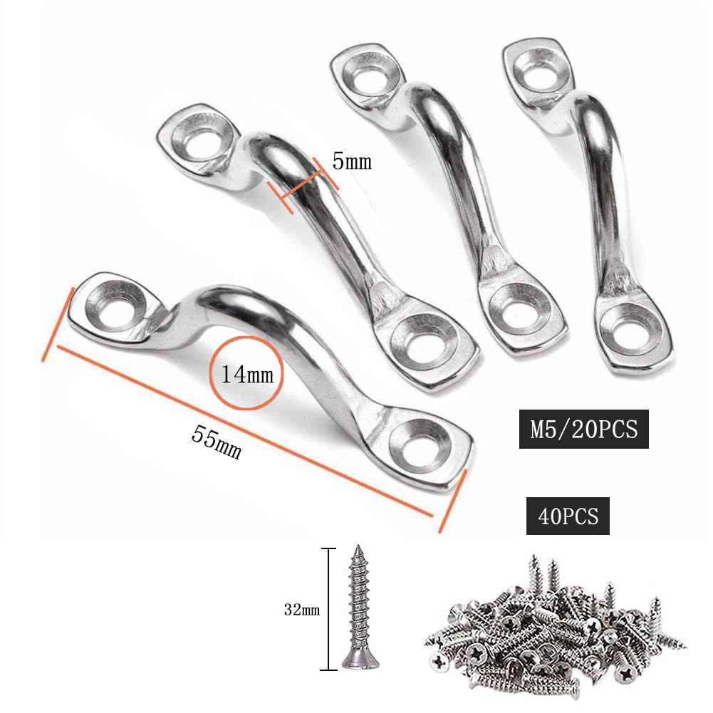 AISHOW 20 Pezzi M5 Cinghie a Occhiello in Acciaio Inox 304 Kayak Deck Loops Pad Eye Straps Gancio a Soffitto in Acciaio Inossidabile per Appendere Gancio Fisso con 40 Viti