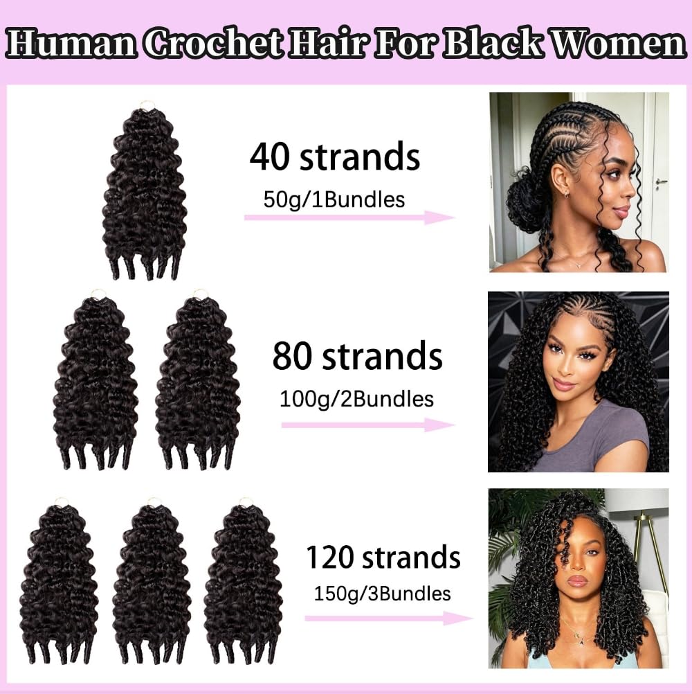 Human Crochet Hair for Black Women 18 Inch Feather Crochet Human Hair Pre-separated Invisible Miracle Knots Burmese Curly Human Hair Bundles Extensions Natural Black Color 1B# 40 Strands 50G