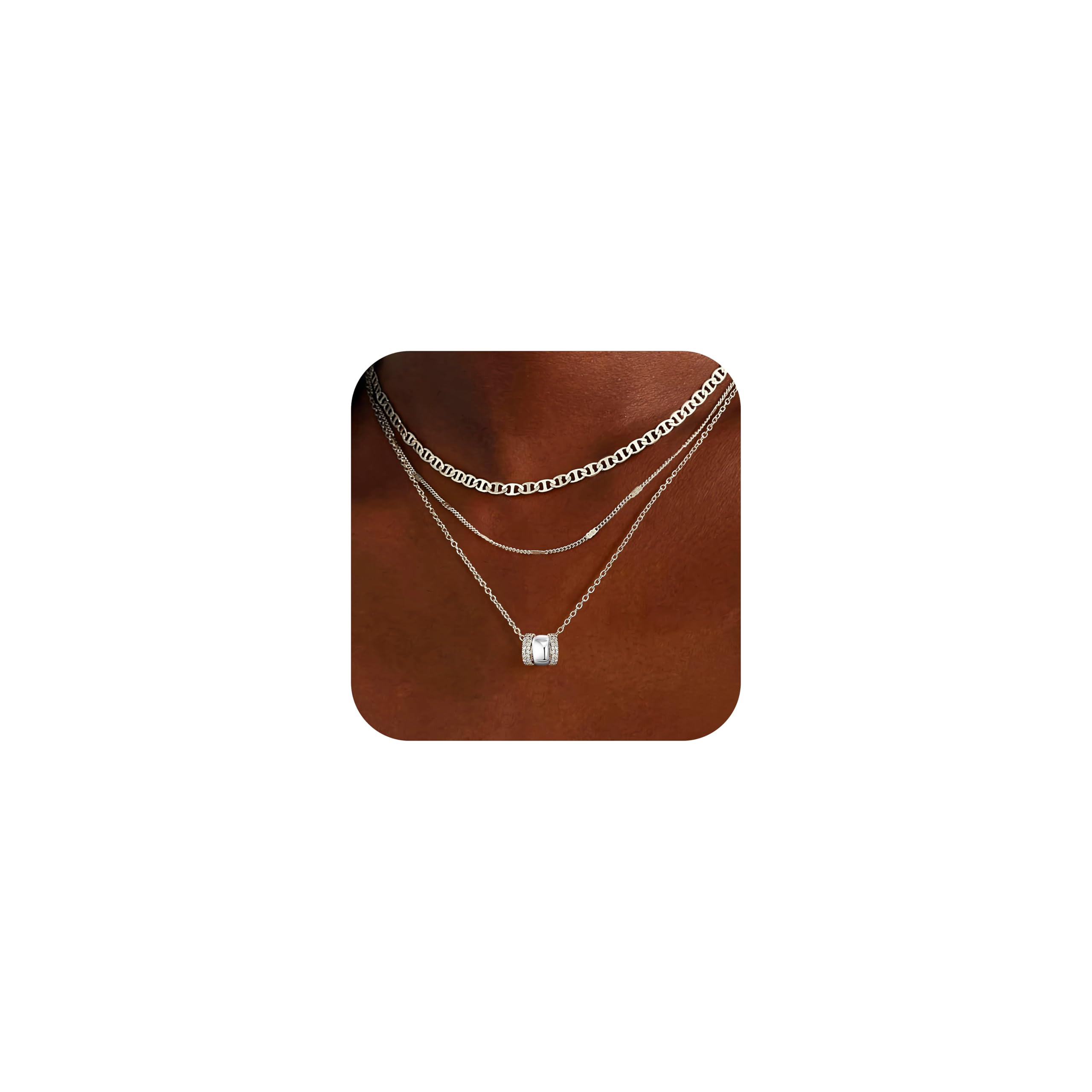 Fohufo Layered Necklaces for Women - 14K Gold Plated Necklace, Dainty 3Pcs Layered Stacked Necklace, Circle Chain Necklaces, Non Tarnish Waterproof