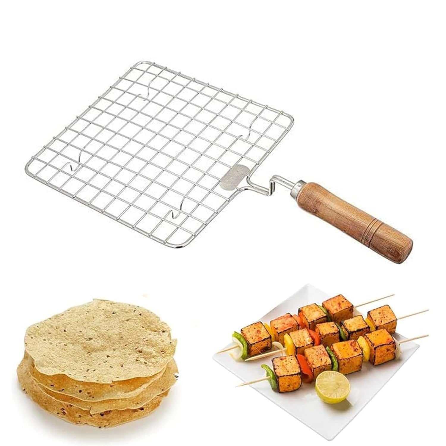Kitchen Square Stainless Steel Wire Roaster Jali 7 Inch | Wooden Handle Square with Roasting Net | Roaster,Cooking Rack for Chicken Grill,Roti Grill,Papad Grill,Roaster,Roti Jari,Jali,shekni-image-49