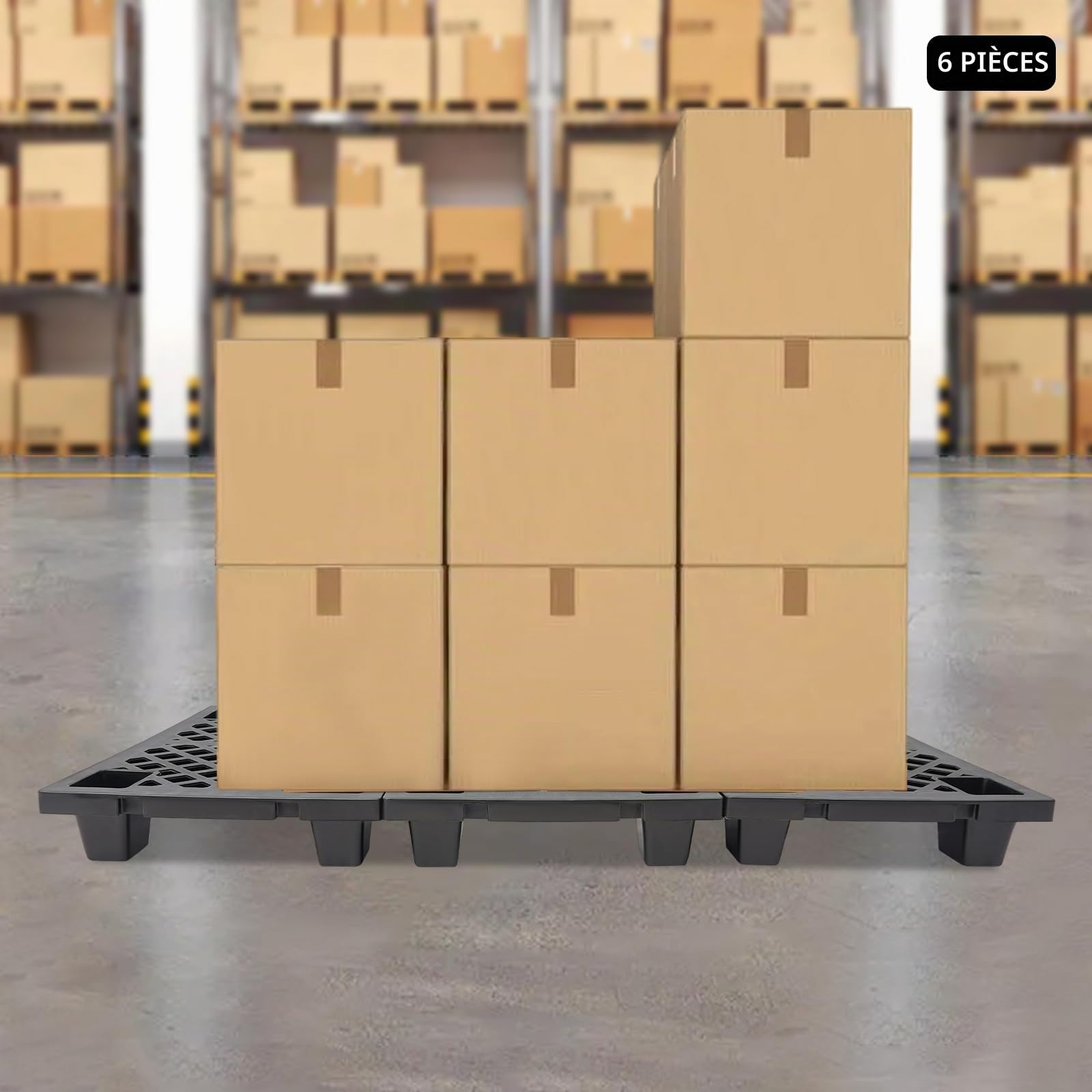 Lot de 6 palettes en plastique - Interlocking - Empilables - Pour le transport et le rangement - Capacité de charge de 100 kg par palette - Pour entrepôts, usines - Noir