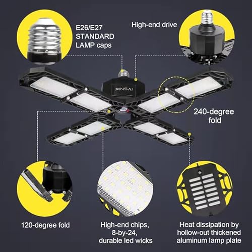 Pinsai 150W Led Garage Light,Super Bright Screw In E26/E27 Ceiling Shop Work Lamp, 200W 20000 Lumen Deformable Basement Bulb Fixture With 8 Adjustable Panels, Lighting For Workshop, Attic thumb #4