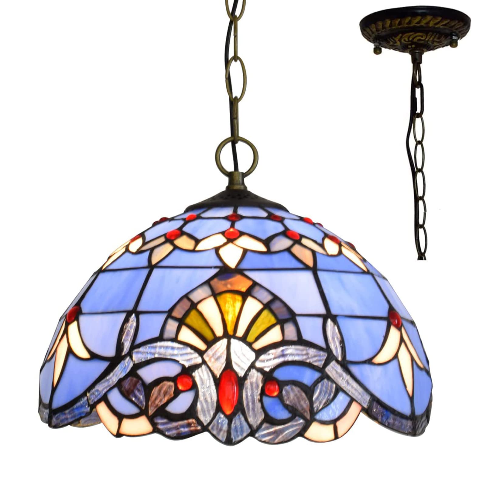 Plafonnier LED E27 de salon baroque rétro en vitrail bleu réglable en hauteur 30cm