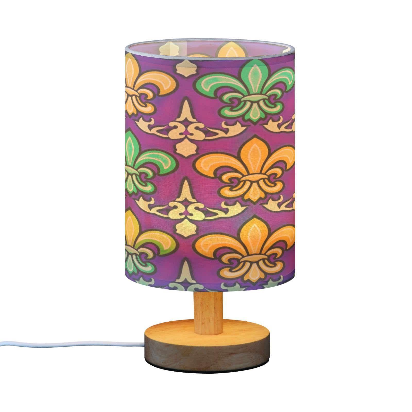 SDMKA Mardi Gras Flower Bedside Table Lamp for Bedroom, Minimalist Nightstand Lamp with Round Fabric Shade for Living Room, Office, No Bulb Required