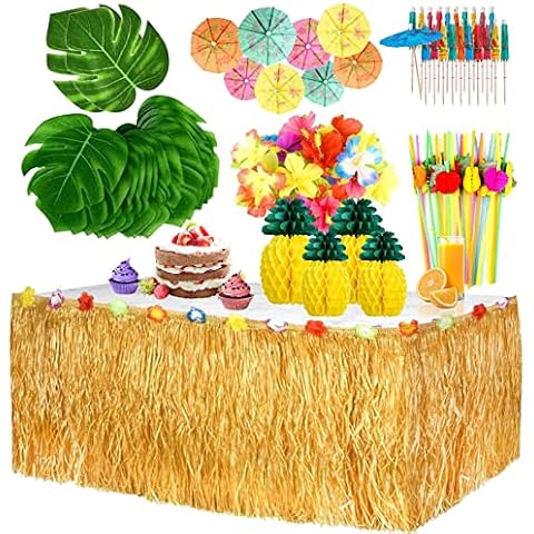 Rhorawill Hawaiian Table Skirt 113 Pieces Set Palm Leaves Hawaiian Flowers Cake Topper for Hawaiian Party Table Decorations Cover